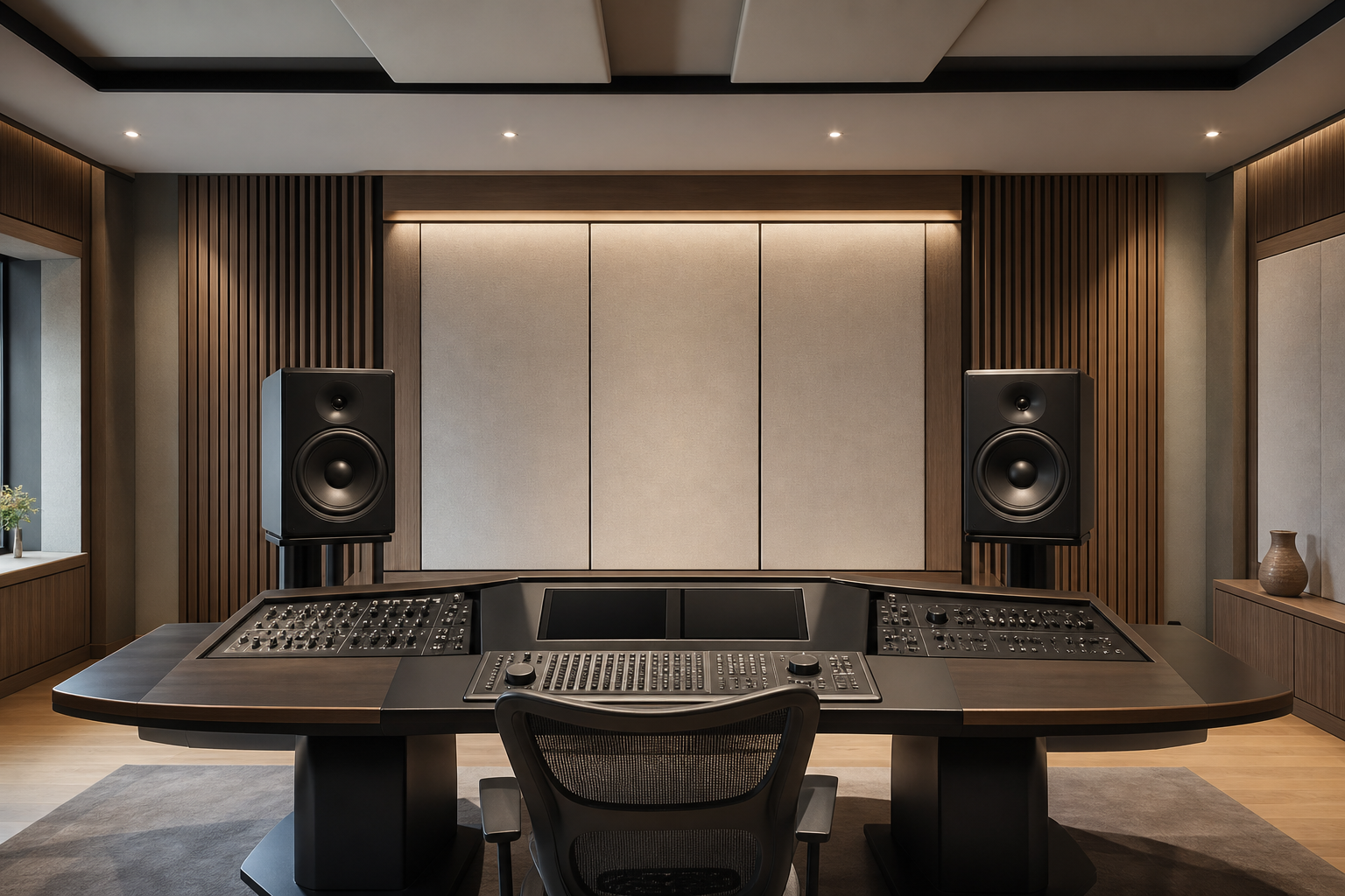 Sala di mastering minimale con monitor di riferimento